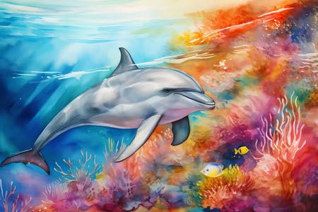 adrium Acryl-Bild 80 x 50 cm: Aquarellmalerei eines Delfins, der im Meer schwimmt. Handgezeichnete Illustration (208964764)