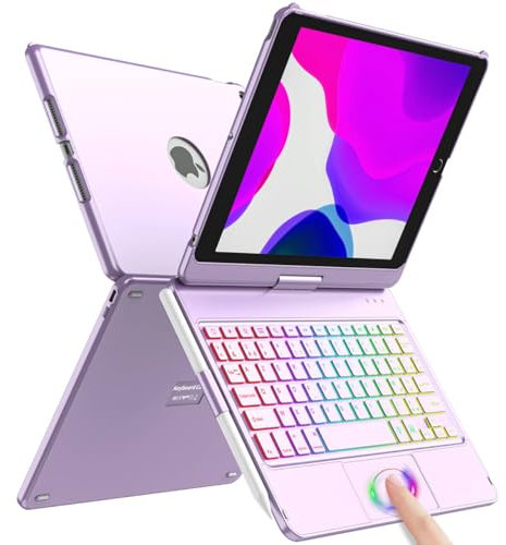 SZO Clavier Coque pour iPad 9/8/7ème Génération 10.2 2021/2020/2019, 360° Touchpad Flip Coque Dure Slim Cover, 7 Rétroéclairages, Clavier Bluetooth avec Mise Veille/Réveil Automatique, Violet
