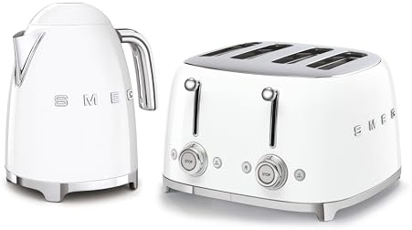 Smeg 50’s Style Retro Range Breakfast Set, 1.7L 3000W Kettle and Multi-Functional Control 4-Slice 2000W Toaster, White, KLF03WHUK/ TSF03WHUK