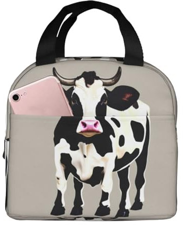 Bolsa de almuerzo con estampado de puntos negros de vaca, lonchera portátil para hombres y mujeres, picnic, trabajo, viajes