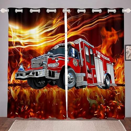 ZZTBQ Feuerwehrauto Blickdichte Vorhänge Feuerwehrauto Auto Karikatur Rote Feuerwehr Vorhänge Ösen Gardinen 280x245cm Für Jungen Mädchen Kinder Schlafzimmer