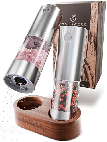 WALDWERK Juego de Molinillos de Pimienta y Sal Eléctrico (batería de 300 mAh) – Molinillo Pimienta electrico con soporte elegante de acacia – Set de Salero y Pimentero electrico