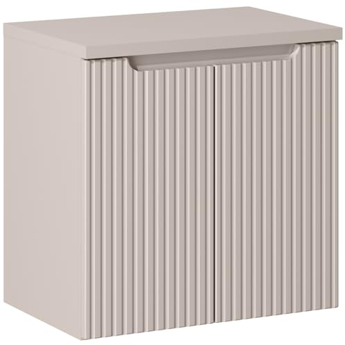 Lomadox Mobile lavabo da bagno, 60 cm, cashmere, parte anteriore scanalata, 2 ante con chiusura morbida, 1 ripiano