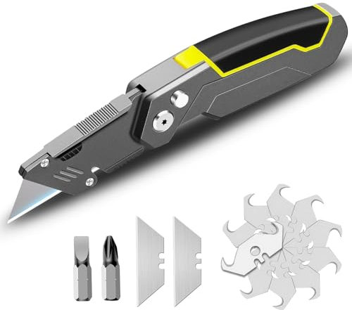 4 in 1 Universalmesser, Portabel Teppichmesser, zusammenklappbares Gebrauchsmesser mit Klingenaufbewahrungsdesign für Kartons und Schachteln (Inklusive 2 Trapezklingen und 10 Hakenklingen)