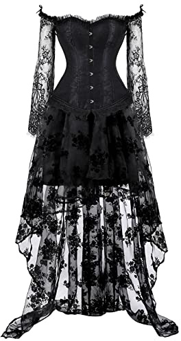 KHIRVWL Abito Gotico da Donna a Maniche Lunghe Vintage Corsetto a Maniche Lunghe in Rete di Pizzo Gonna Abito Abito Abito Medievale Abito Rinascimentale Abito da Cocktail da Sera Punk Scuro