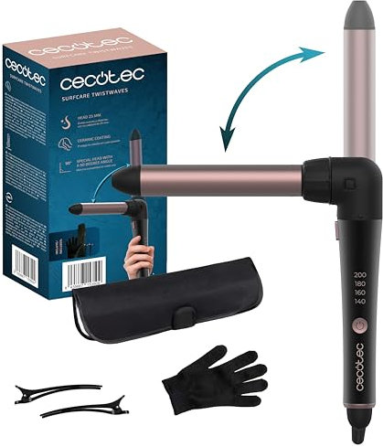 Cecotec Arricciacapelli Manuale SurfCare TwistWaves. 43W, Arricciacapelli da 25 mm con Gomito a 90 gradi per Maggiore Comodità, Include Guanto Termico, Custodia e 2 Clip