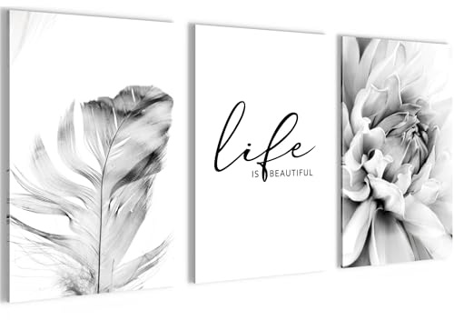 Novart Bilder Set Blumen Abstrakt - Kein Extra Rahmen benötigt - Wandbilder für Wohnzimmer Schlafzimmer Flur - 3 Teilig Deko Schwarz Weiss - N033436a