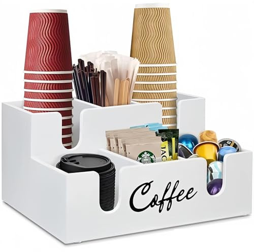 KOVNISE Organizador de Barra de Café con Diseño de Apertura en Forma de U Color Blanco de Madera para Montar en la Pared Accesorios de Almacenamiento para Encimera Cesta de Estación de Café de