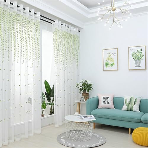 Wycian Küchenvorhänge Gardinen Grün Voile 2er Pack Weidenblatt Bestickt H160 x B107 cm (2er Pack) Polyester
