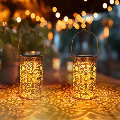 2 Pack Sunflower Solar Lanterns Outdoor Hanging Lantern Lights, Sunflower Hollowed-Out Metal Decor Lantern, Butterfly Garden Decoration for Patio, Yard
