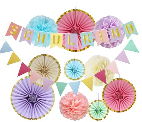 Einschulung Deko Pastell Schulkind 2026 Mädchen Junge 12 Stück Schulanfang Deko Set mit SCHULKIND Girlande, Wimpelkette, Pompons und Papier Fächer Geschenke zur Einschulung Schulkind