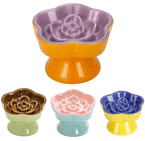 S&Q's CERAMICS Raised Slow Feeder Cat Bowl, Ceramic Elevated Food Bowl Small Dogs Slow Feeder, Flower Shaped Cute Pet Dish for Dry and Wet Food (Purple, 5.8)