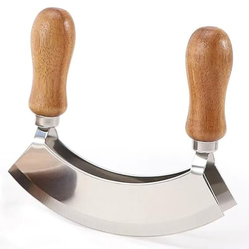 HiyyFloy Mezzaluna Tritatutto per Erbe con Manico in Legno Coltello a Bilanciere a Doppia Lama in Acciaio Inossidabile Tavola Curva in Legno Tagliere per Mannaia per Erbe Tritatutto per Insalata