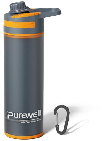 Purewell Press-Filter Flasche 500ml - Trinkflasche mit Druck-Filtersystem für sofort reines Wasser Filtert 99.99% Bakterien, Viren, Schwermetall 10.000L Kapazität Ideal für Outdoor, Camping, Wandern