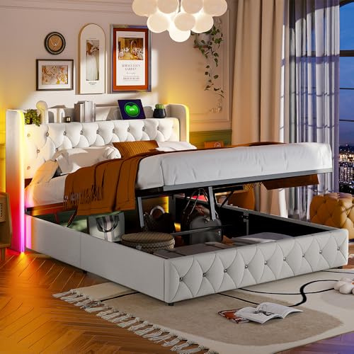 BPKADHY Polsterbett 140x200 mit LED-Kopfteil und USB-C-Ladefunktion, Doppelbett mit Stauraum und Lattenrost, Hydraulisches Stauraumbett Bettgestell 140x200, Samtbezug in Beige, Ohne Matratze