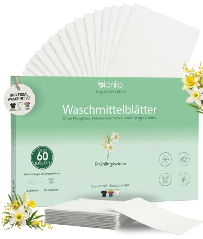 Bionilo Waschmittelblätter Frühlingswiese – 60 Waschgänge – Vegan Plastikfrei Biologisch Abbaubar – Nachhaltig Umweltfreundlich – Kompakt Reisegröße Waschmittel Blätter