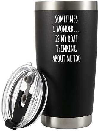 Sometimes I Wonder Is My Boat Thinking About Me Too Boating Gifts For Dad Fishing Gifts for Men Boat Captain Fathers Day Vacuum Insulated Stainless Steel Tumbler with Removable Lid Straw 20 oz Black
