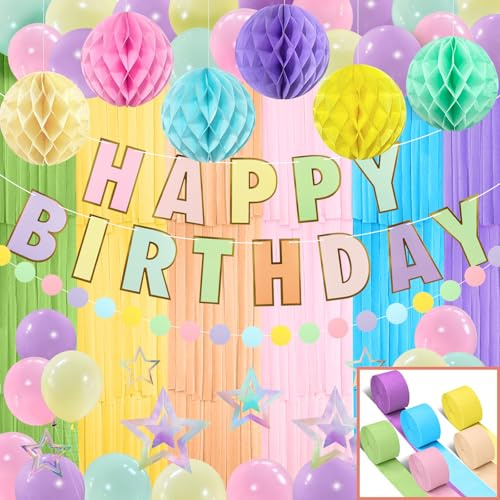 Recosis Birthday Decorations, Pastel Crepe Paper Streamers Happy Birthday Banner Honeycomb Ball Stars Hanging Swirl for Women Men Boys Girls Party Decorations