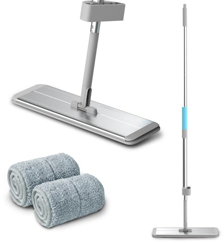 KENSHIRE 400mm aluminum plate flat mop with 2 reusable microfiber mop pads hands free squeeze 134cm aluminum alloy handle wet dry dust self-wringing mops