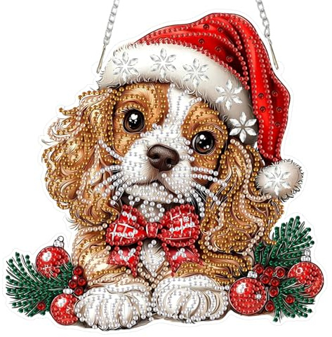 DOMROM Weihnachten Diamond Art Painting Anhänger, Hund Diamond Painting Fensterbilder Anhänger, Diamant Hängende Ornament für Kinder Erwachsene Diamant Malerei Basteln Tür Wand Fenster Deko