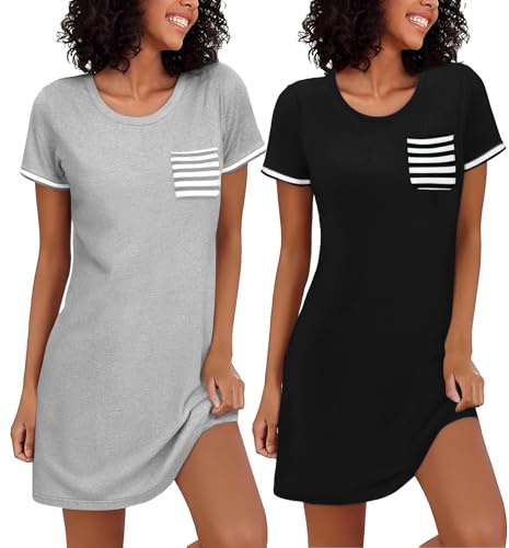 Bresdk Nattlinne damer kortärmad sovskjorta bomull sommar nattskjortor sexig t-shirt sovskjorta sovkläder, Svart + ljusgrå, L