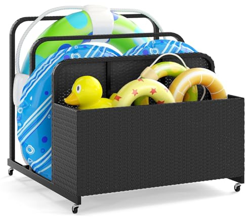 GOPLUS Arcón con 2 Toalleros para Piscina, Jardín, Terraza, 100 x 100 x 94 cm, Baúl Almacenamiento de PE Rattan con 4 Ruedas, Armario Exterior Impermeable para Juguetes, Cojines (Negro)