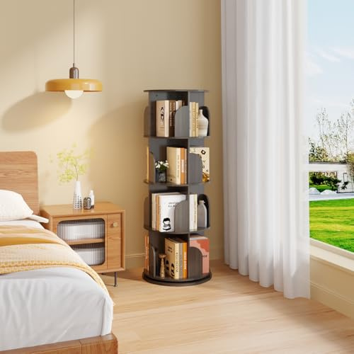 Ztexkee Scaffale girevole a 4 ripiani, girevole a 360° Libreria per soggiorno, camera da letto, studio, ufficio, grigio e nero