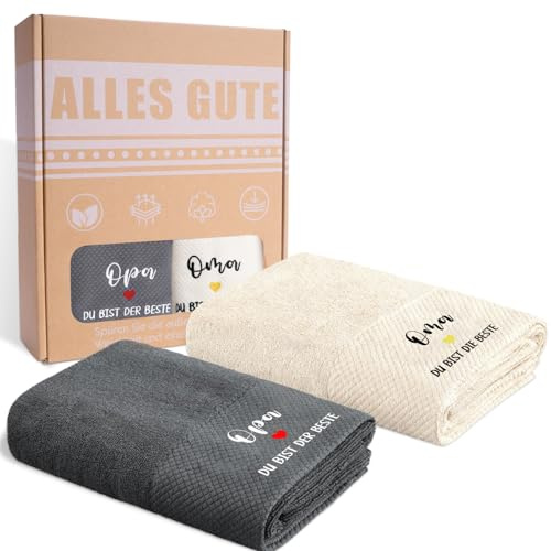 YYSWSAKY Geschenke für Oma und Opa, 2 Stück Handtücher 50×100 Bestickt aus Baumwolle, Beste Oma und Opa Geschenk Handtuch für Weihnachten Geburtstag Dankeschön Hochzeitstag, in Geschenkbox, Beige+Grau