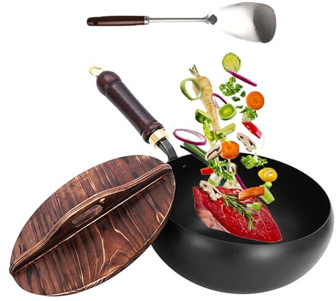 Wok in ferro forgiato a mano, padella giapponese antiaderente antiaderente per fornelli a gas e piano cottura a induzione, padella per friggere a fondo piatto per cucinare in cucina