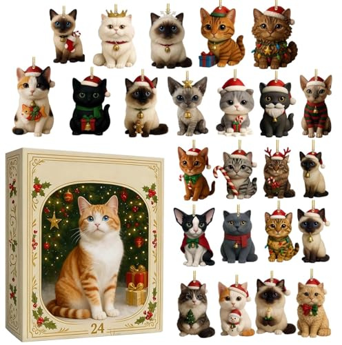 Cats Lover Christmas Advent Calendars Countdown, 2D Acrylic Cat Calendar 2025 With 24 Boxes, 24 Day Cat Ornaments Christmas Countdown Calendar For December Wreaths Tree Living Room Bedroom Entryway