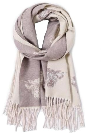 LilyRosa Women's Highland Cow Scarf Camel Grey Black Blue Pink Cream Cattle Coo Cashmere Blend Wrap (Cream & Brown)