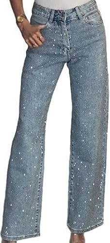 Dam hög midja strass jeans säckiga raka breda ben casual denim byxor byxor byxor, BLÅ, L