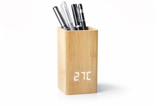 Générique Pot à crayons en bois avec horloge LED – Heure, date et température – Organisateur de bureau moderne – Support stylos élégant pour maison et bureau