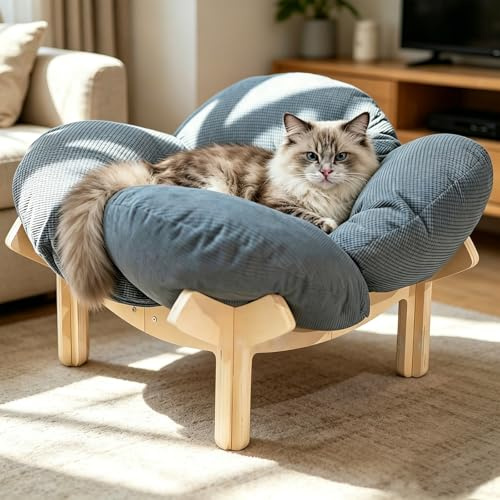Cioquli Erhöhtes Katzenbett aus Holz, Flauschiges Katzensofa in Blumenform | Katzenkissen mit waschbar Bezug & Holzrahmen, Stilvoll Katzensofa, Katzenmöbel für kleine Katzen, Hunde, 55L x 55W x 32H cm