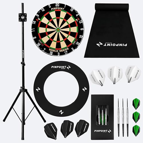 PINPOINT Freestanding Darts Bundle – Regulation Sisal Dartboard with Stand, Rubber Darts Mat, EVA Surround, Brass Darts & Moulded Flights – Indoor Home & Game Room Set