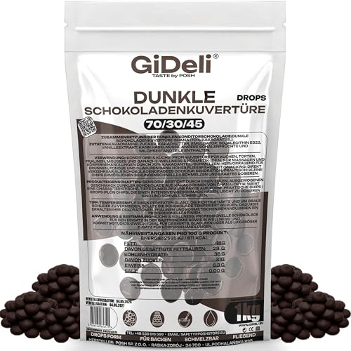 GiDeli Zartbitter Schokolade Schokodrops 70% Kakao 1 kg - Kuvertüre | aus Ghana, herb im Geschmack, schmilzt ab 32 °C, für Ganache, Schokobrunnen, Trinkschokolade und Eiscreme