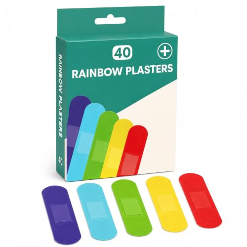 MAR Kids Plasters 40 Pack – Rainbow Plasters for Children, Washproof | 40 rainbow kids plasters in 5 colours (76x19mm). Washproof with non-stick wound pad. Fun colours for children's cuts & grazes