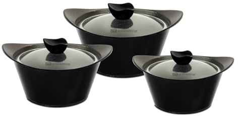 CAIA 3pc Die-cast Non-Stick Marble Coated Stockpot Set with Glass Lids (Black)