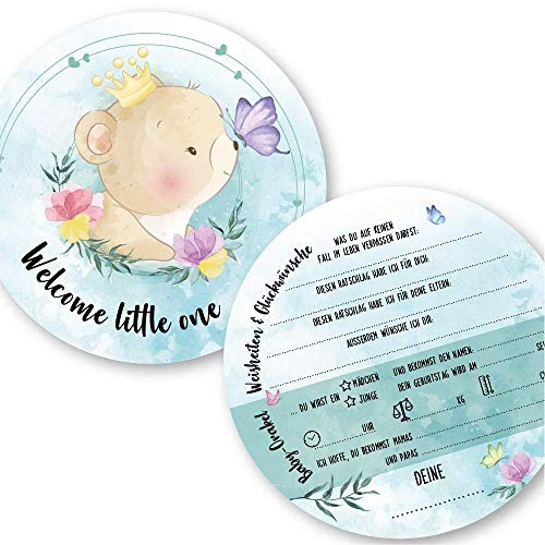Kigebu Babyparty Spiele Rate mal Karten (25 Karten, Deutsch, Motiv Bär) - Babyshower Ratespiel Mädchen und Junge - Baby Orakel Deko (Rund (Durchmesser 14,8 cm))