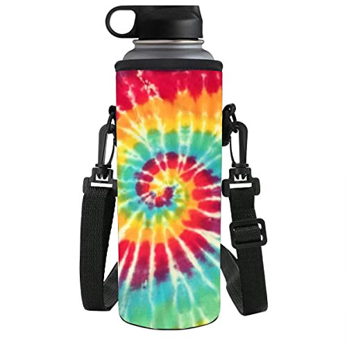 chaqlin Porte-bouteille d'eau de 1000 à 1200 ml avec imprimé coloré tie-dye pour femme, bouteille en plastique avec bandoulière réglable