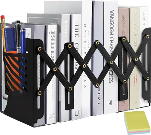 DARUITE Buchstütze, Buchstützen Metall mit Abnehmbaren Stifthalter, Schwarz | Verstellbare, Bücherhalter für Zuhause, Klassenzimmer, Schule, Bibliothek, Ideal für Ordner, Zeitschriften, Schüler, Lehrer