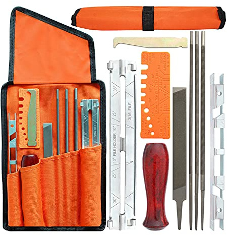 Chainsaw Sharpener File Kit, 10Pcs Universal Chain File Abrasive Tools, with 5/32 3/16 7/32 Round File+Flat File+Wood Grip+Depth Gauge, for All Size Chainsaws