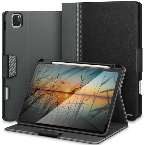 KingBlanc Hülle für iPad Pro 12,9 6./5./4./3. Gen Schwarz | Design mit zwei Texturen, Integrierter Stifthalter, PU leder, Verstellbarer Ständer, Auto Schlaf/Wach