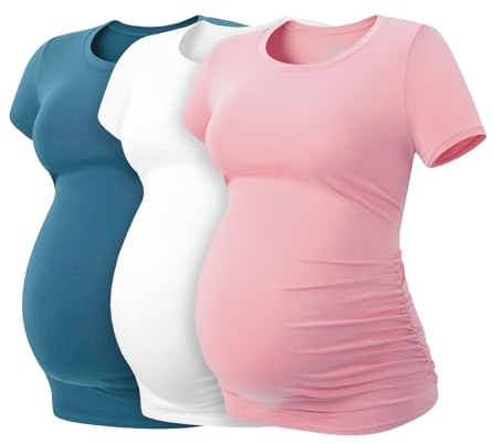 LAPASA Damen 3 er Pack Umstandstop Umstandsmode Umstandskleidung Tops Schwangerschaft Kurzarm Umstands T-Shirt L55, Blaugrün, Weiß, Rosa, XL