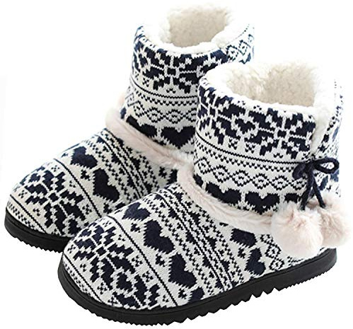 DimaiGlobal Damen Herren Hausschuhe Stricken Hüttenschuhe rutschfeste Wolle Hausstiefel Pantoffeln Plüsch gefüttert Warme Hüttenstiefel Winter Drinnen Draußen 39/40EU Schwarz1