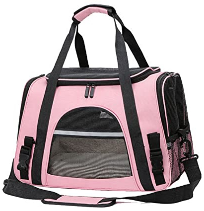 Koomuao Hundetasche Transportbox,Hundetransportbox Atmungsaktive und Faltbare, Hundebox, Transporttasche Oxford Gewebe, Hundetaschen mit Schultergurt und Plüschmatte (Rosa)