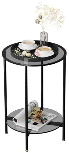 Artloge Couchtisch Rund Glas Beistelltisch: 2-Ablagen Sofatisch - Stabil Wohnzimmertisch - Groß Tischplatte 40cm Klein Tischplatte 36,5cm Hohe 57,5cm