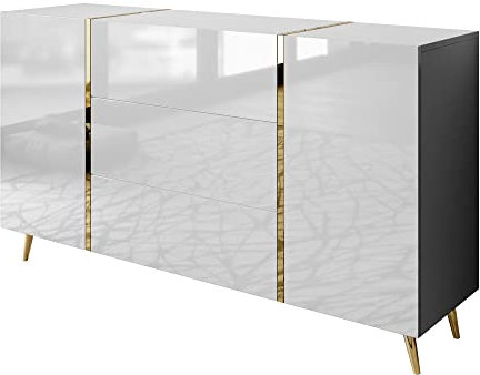 lukmebel Kommode Onyx Auf Goldenen Beinen Hochglanz Elegantes & Modernes Design Versteckte Ablagen Leicht Zu Reinigen Abrieb- Und Kratzfest Laminierte Platte 158x413x88 cm Weiß