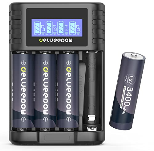 Delyeepow 1.5V Lithium AA Batteries Rechargeable 3400mWh 4-Pack,Rechargeable Battery AA with Charger,LCD 4 slot AAA AA Battery Charger(USB Fast Charging, Independent Slot)