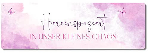 Interluxe Schild Metallschild - Hereinspaziert in unser kleines Chaos - Willkommensschild Gäste Besuch family home Mitbringsel für Eltern Freunde
